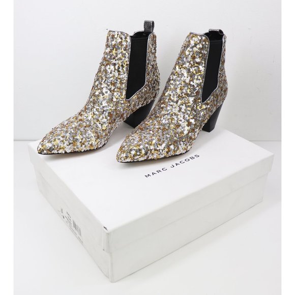 NWT Marc Jacobs Kim Sequin Chelsea Booties Embellished Block Heel Gold Silver 9 - Picture 2 of 10